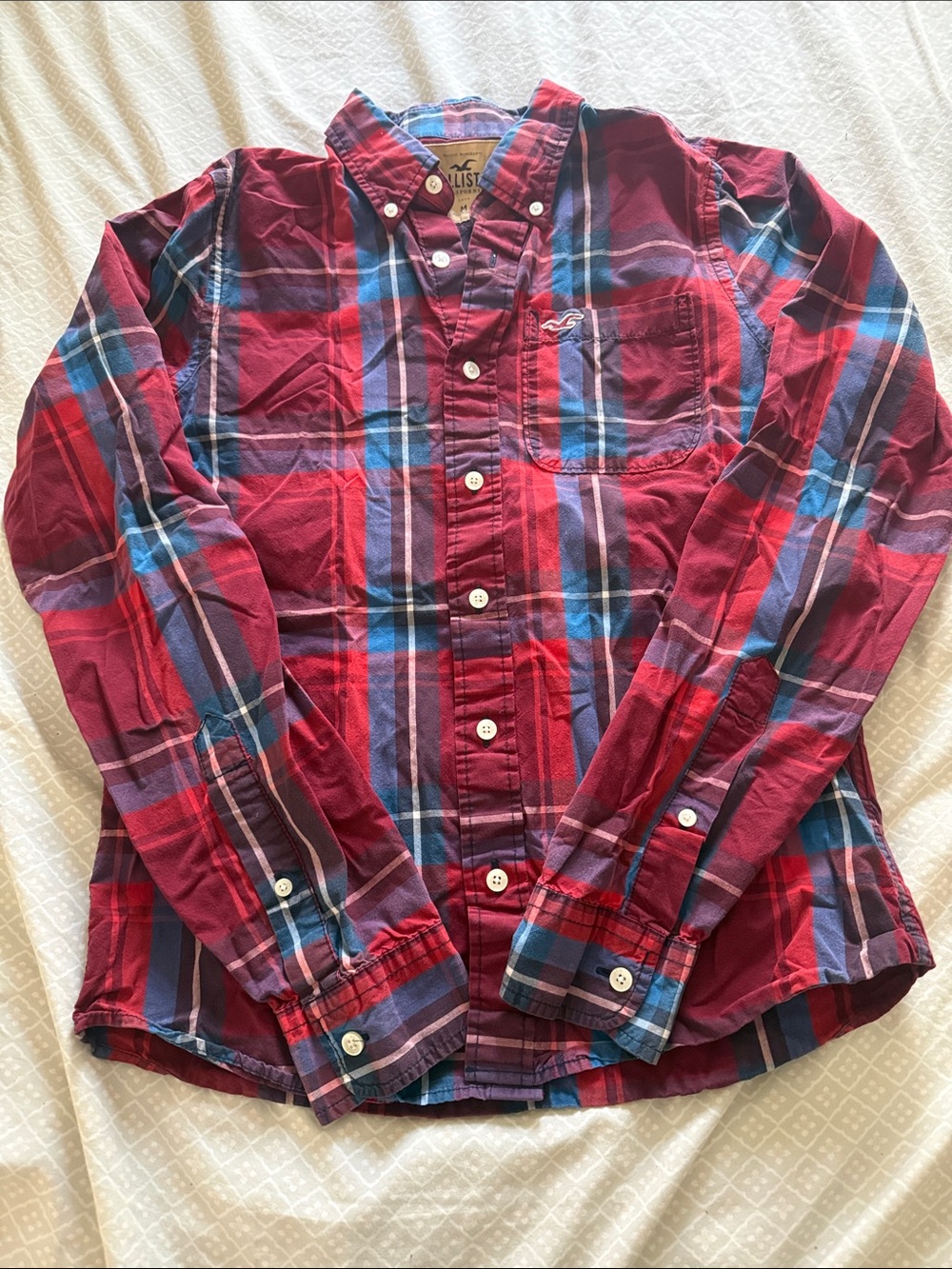 Hollister Men's Red and Blue Plaid Button-Down Shirt